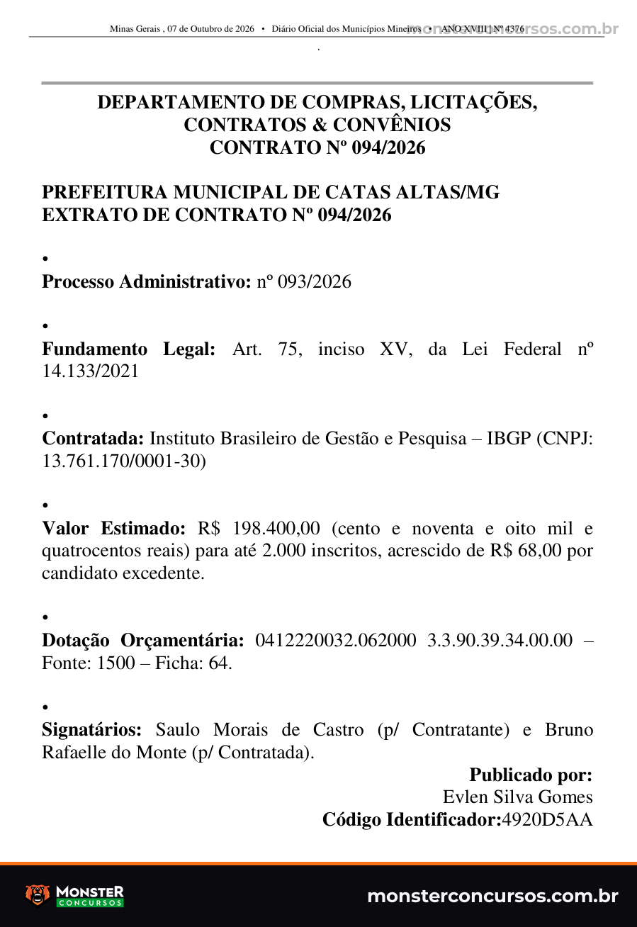 Extrato do Contrato nº 094/2026 entre a Prefeitura de Catas Altas e o IBGP, publicado no Diário Oficial dos Municípios Mineiros de 07/10/2026