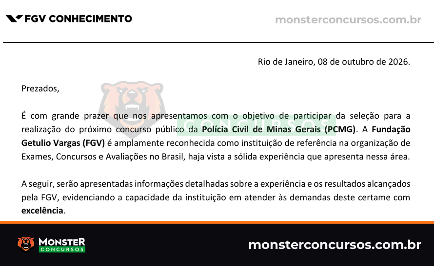 Trecho da carta de apresentação da FGV à Polícia Civil de Minas Gerais, de 8 de outubro de 2026