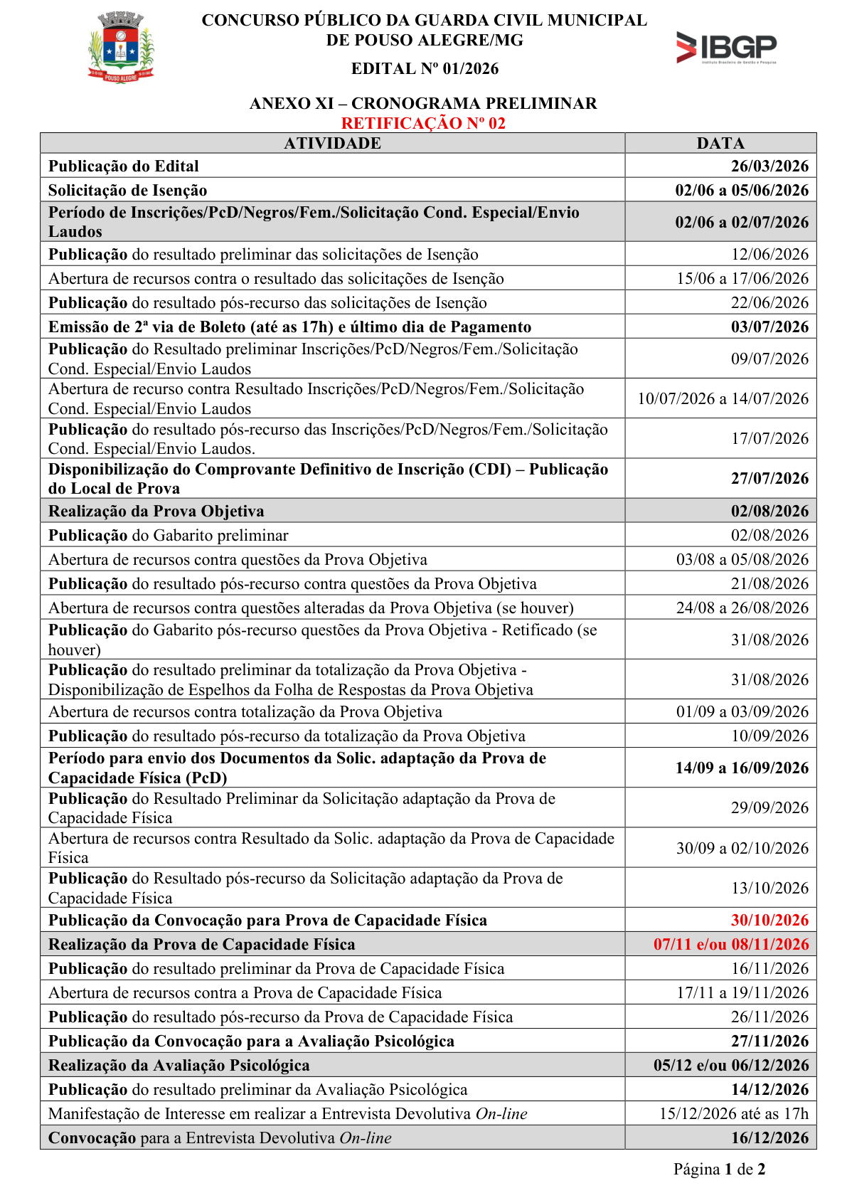 Cronograma oficial atualizado da GCM de Pouso Alegre, Retificação nº 02 — página 1 de 2