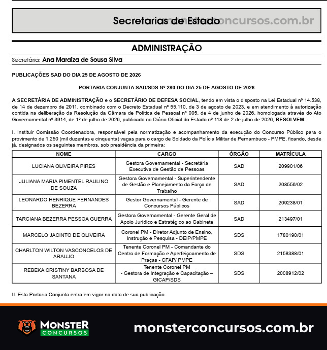 Portaria Conjunta SAD/SDS nº 280, de 25 de agosto de 2026, que institui a Comissão Coordenadora do concurso para 1.250 vagas de Soldado da Polícia Militar de Pernambuco