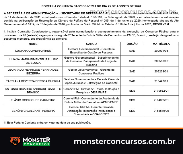Portaria Conjunta SAD/SDS nº 281, de 25 de agosto de 2026, que institui a Comissão Coordenadora do concurso para 70 vagas de 2º Tenente da Polícia Militar de Pernambuco